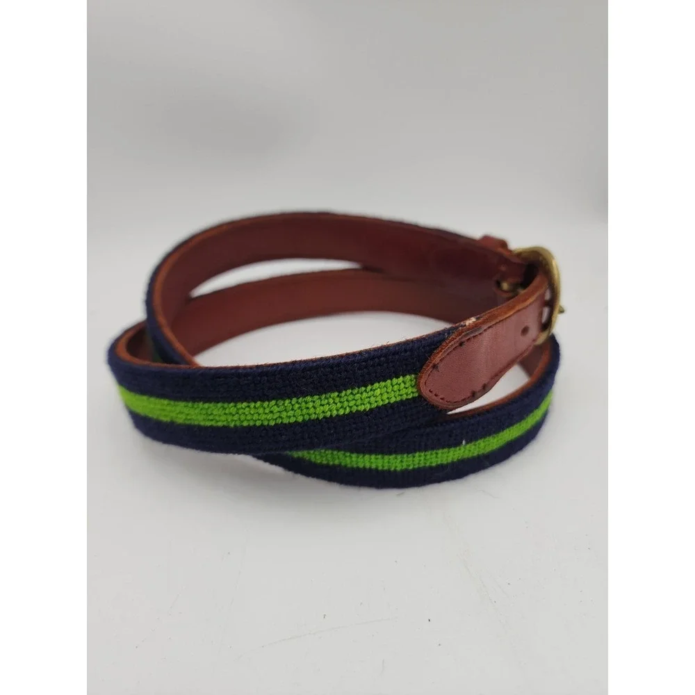 Brown Leather Belt Embroidered MJB Navy Green Stripes, Brass Buckle 36.5